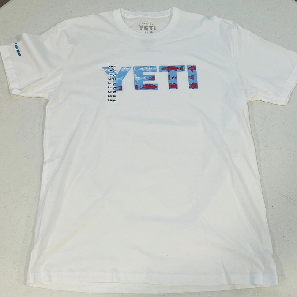 YETI Vineyard Short Sleeve T-Shirt White red blue fish print NWT LARGE